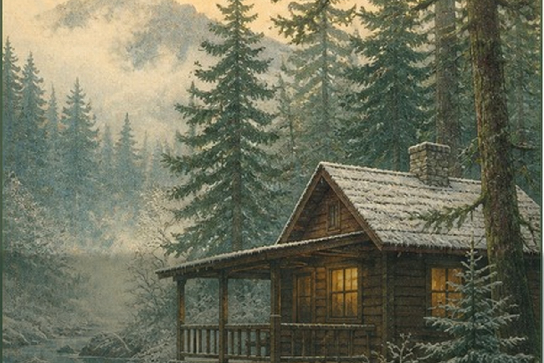 Original PNW landscape with layered mountains, evergreen forest, and a mossy path