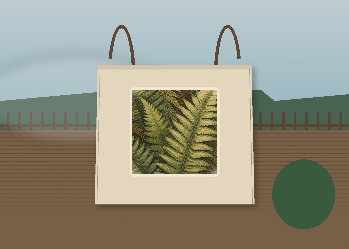 Fern Floor tote bag on a wooden deck